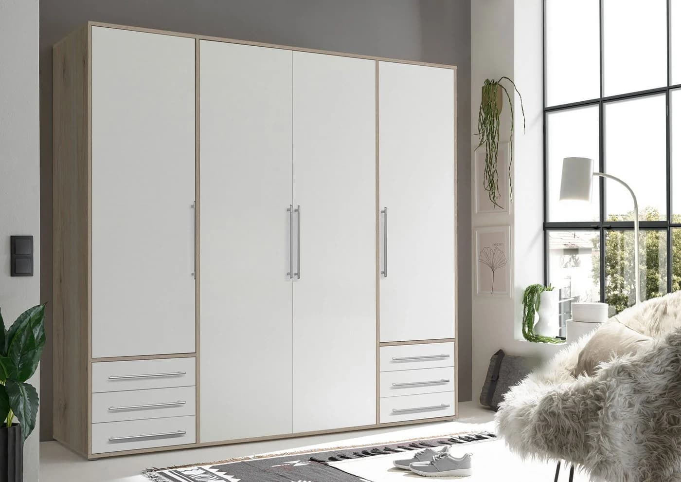 Schlafkontor Lyss Drehtürenschrank Weiß Eiche 4 Türen - Bild 5