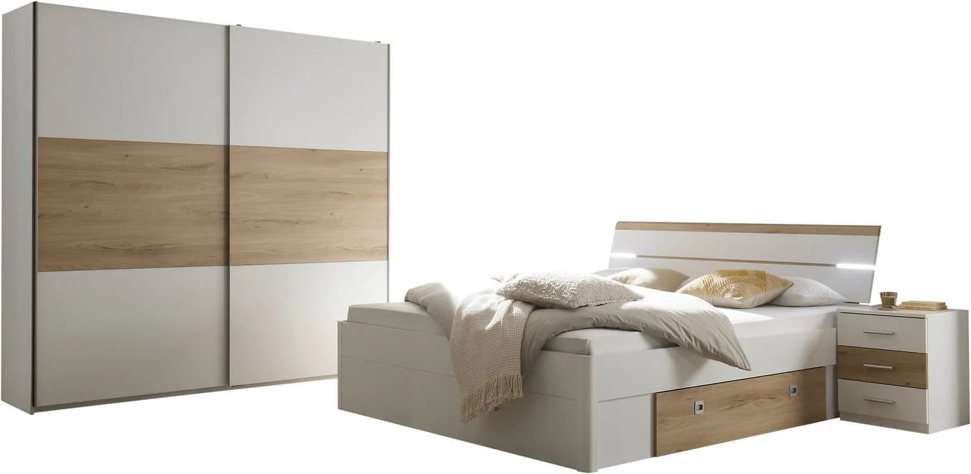 Schlafkontor Kiara Schlafzimmer-Set Weiß mit Beleuchtung und Schubkästen