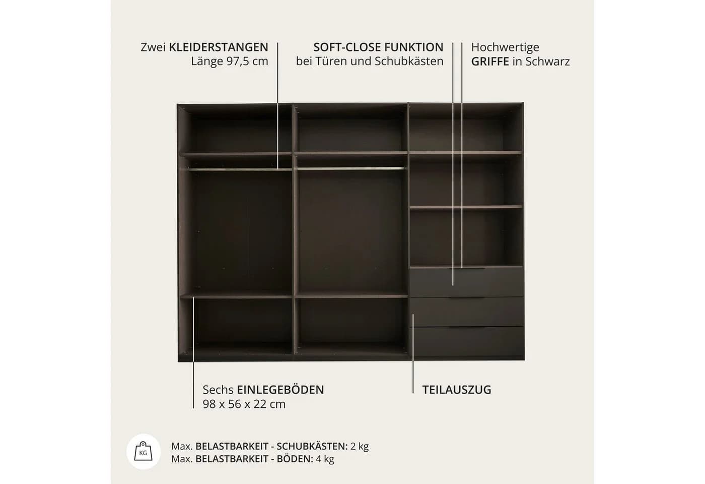 Schlafkontor Nuka 3m Kleiderschrank 300x225,5x60 cm Holzwerkstoff Drehtürenschrank - Bild 5