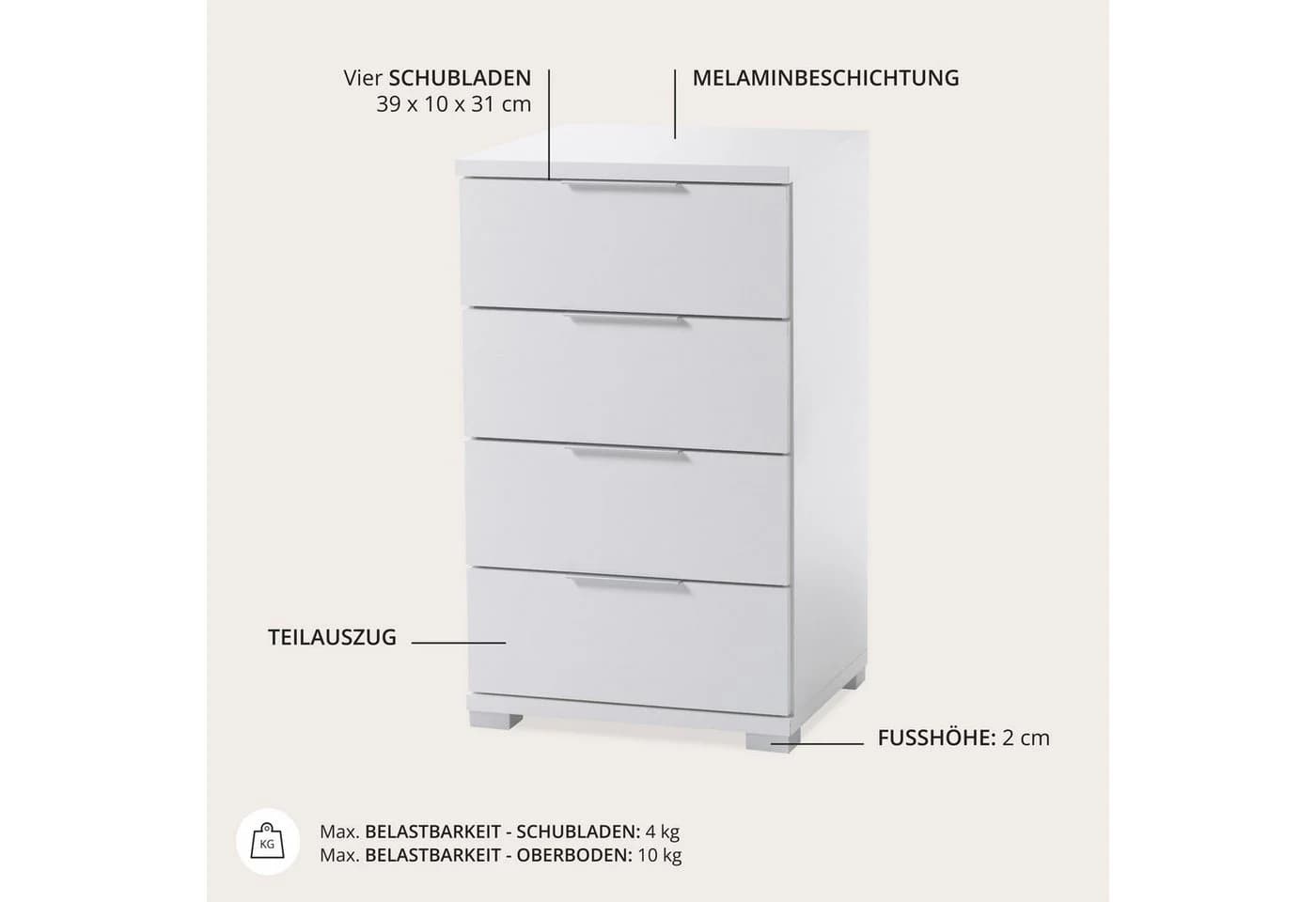 Schlafkontor Smilla Nachttisch Weiß mit 4 Schubladen - Bild 3
