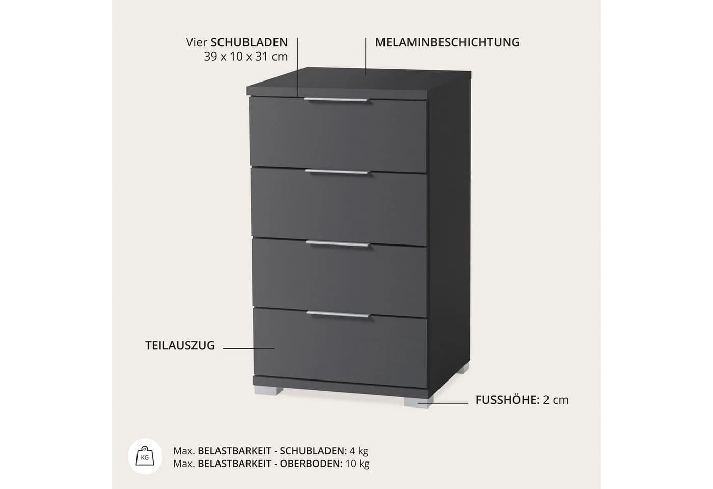 Schlafkontor Smilla Nachtkonsole Graphit mit Silbergriffen - Bild 3