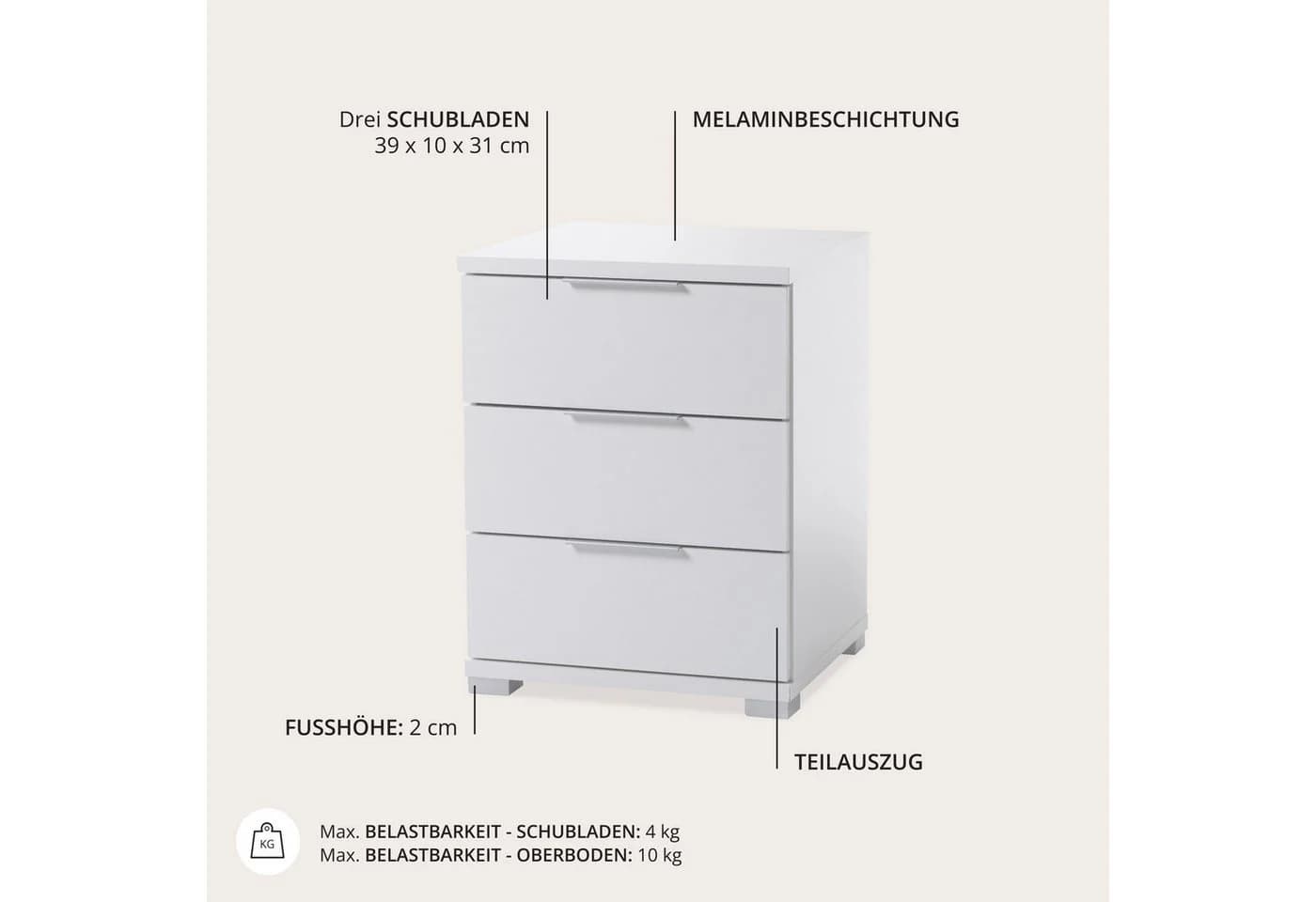 Schlafkontor Smilla Nachttisch Weiß mit 3 Schubkästen - Bild 3
