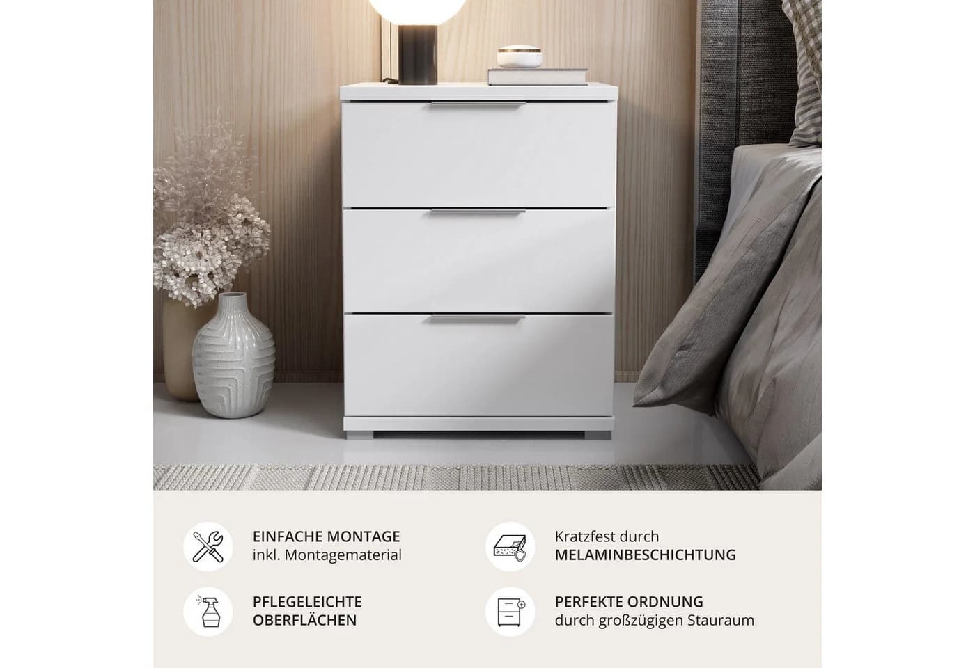 Schlafkontor Smilla Nachttisch Weiß mit 3 Schubkästen - Bild 5