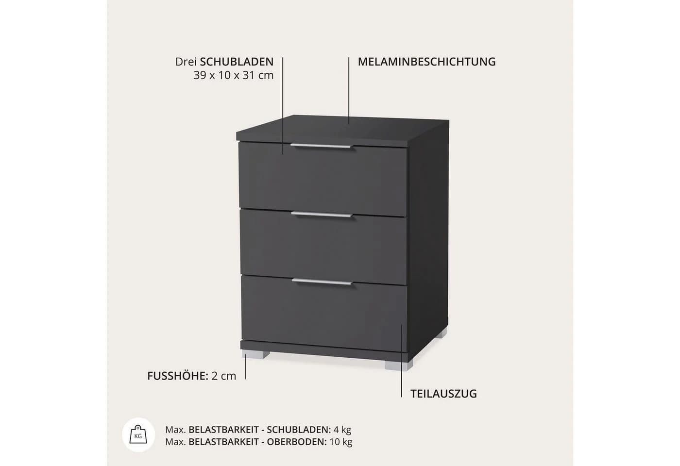 Schlafkontor Smilla Nachttisch Graphit mit 3 Schubladen - Bild 3