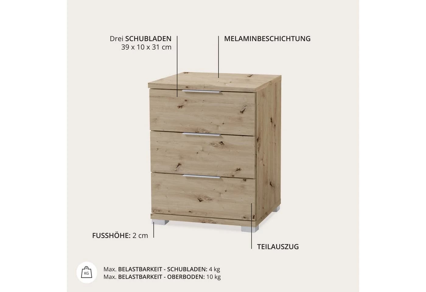 Schlafkontor Nachtkommode Smilla Nachttisch mit Schubkästen, Korpus melaminbeschichtet, silberfarben oder schwarz - Bild 3