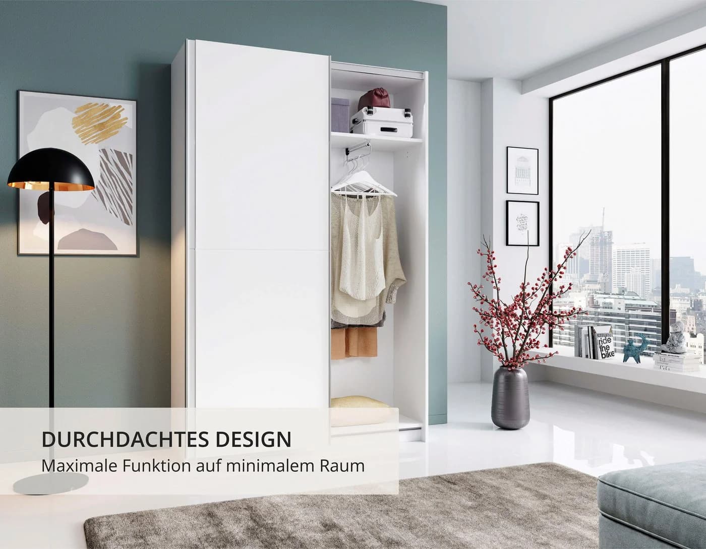Schlafkontor Schwebetürenschrank Weiß 150cm mit 6 Böden - Bild 3