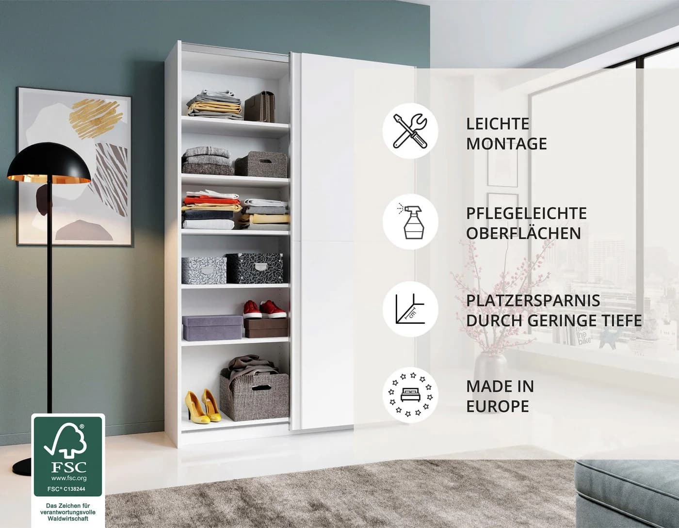 Schlafkontor Schwebetürenschrank Weiß 150cm mit 6 Böden - Bild 4