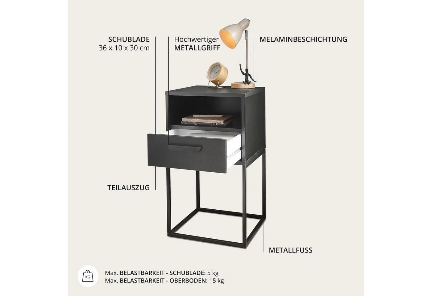 Schlafkontor Nachtkommode Cudro Graphit - Bild 5
