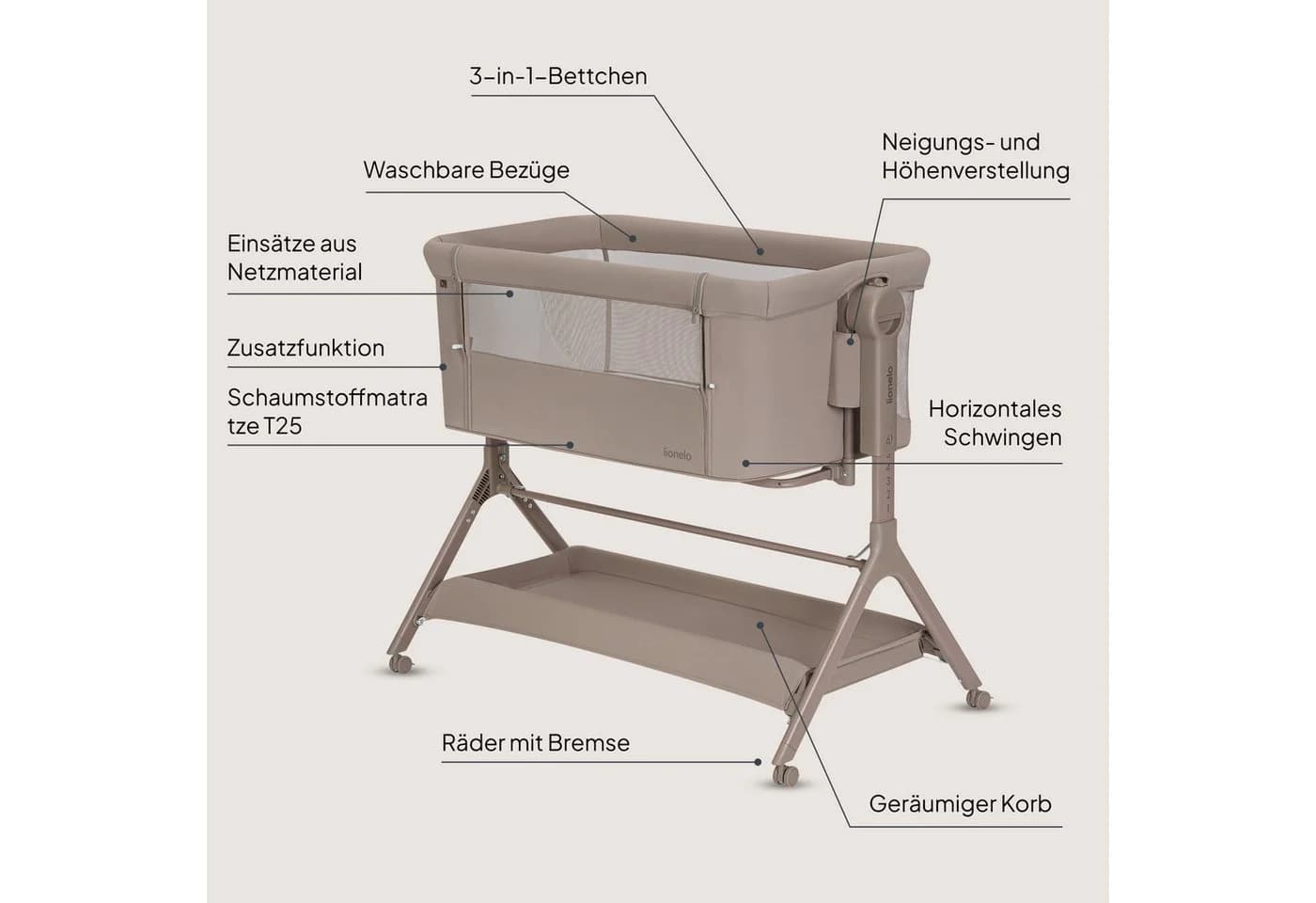 Lionelo Reisebett LEONIE PLUS 3-in-1 Beistellbett Wiege Beige