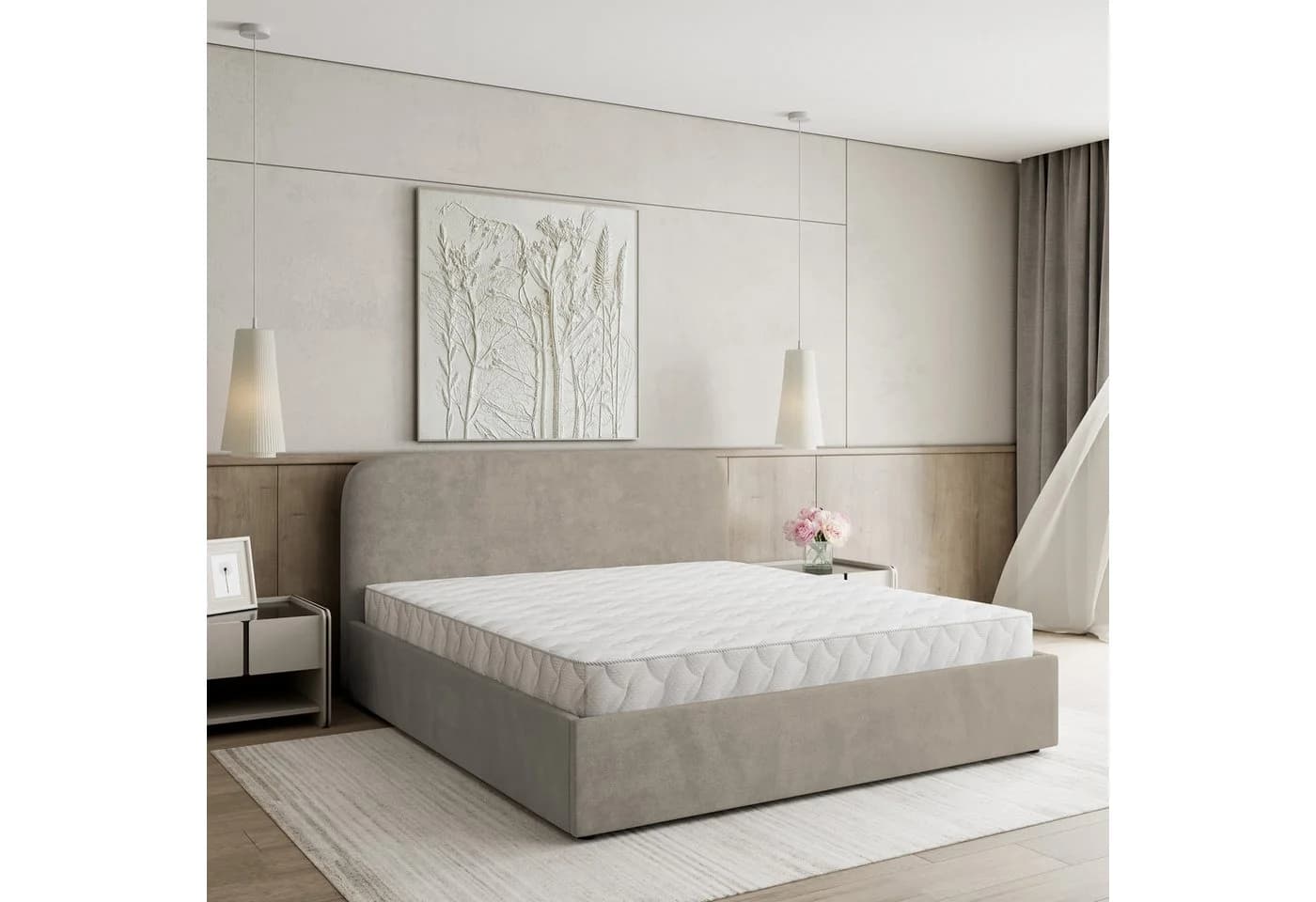 Masseno Boxbett RENIVE Beige mit Bettkasten und gepolstertem Kopfteil