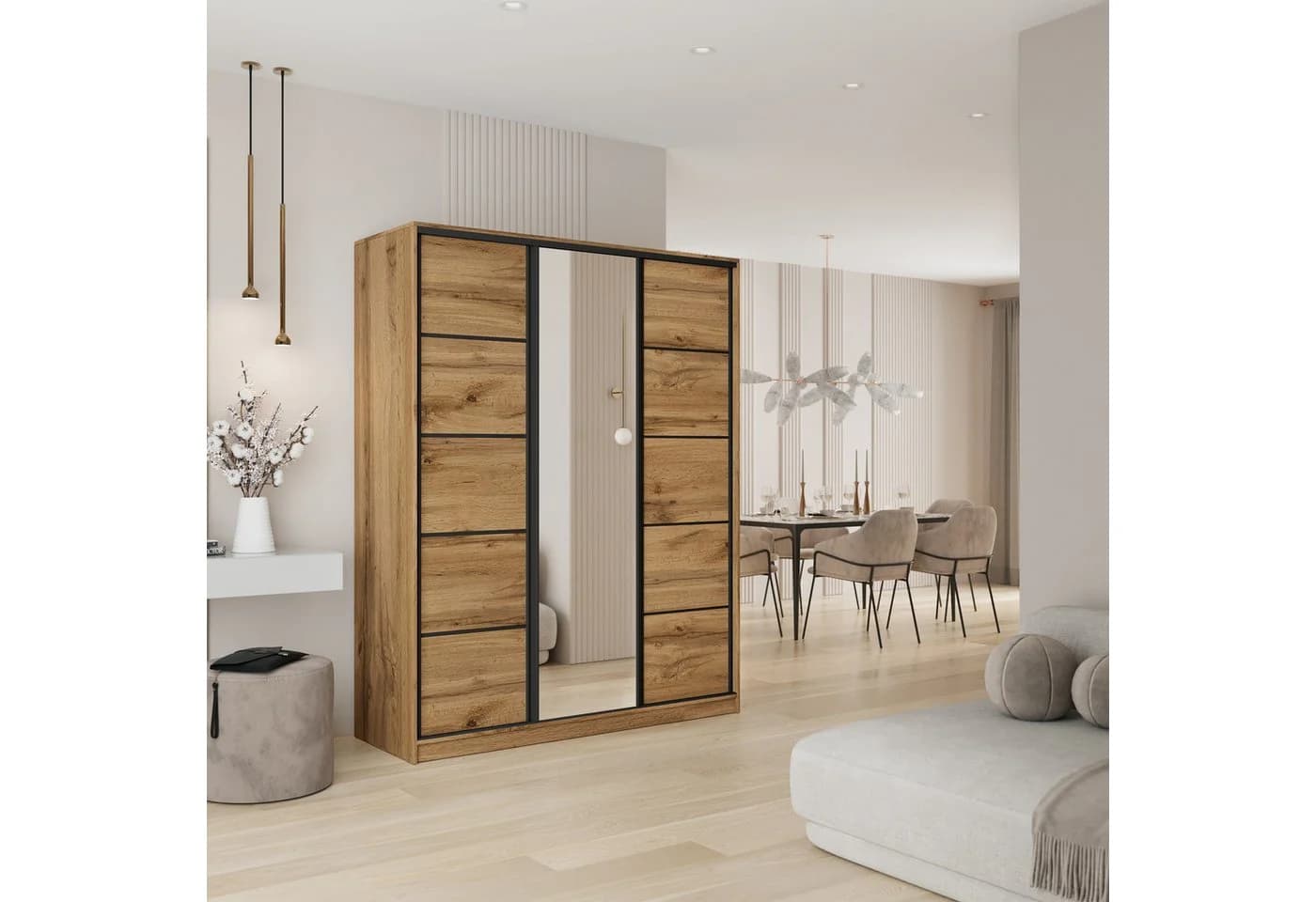 Masseno Schwebetürenschrank PINA mit Spiegel und Schubladen Eiche Schwarz