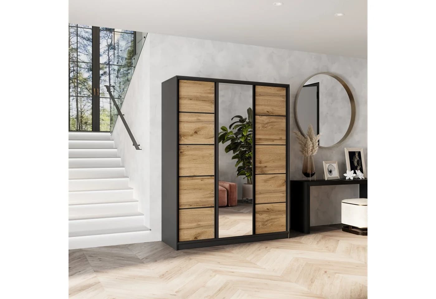 Masseno Schwebetürenschrank NATA mit Spiegel und Schubladen Schwarz