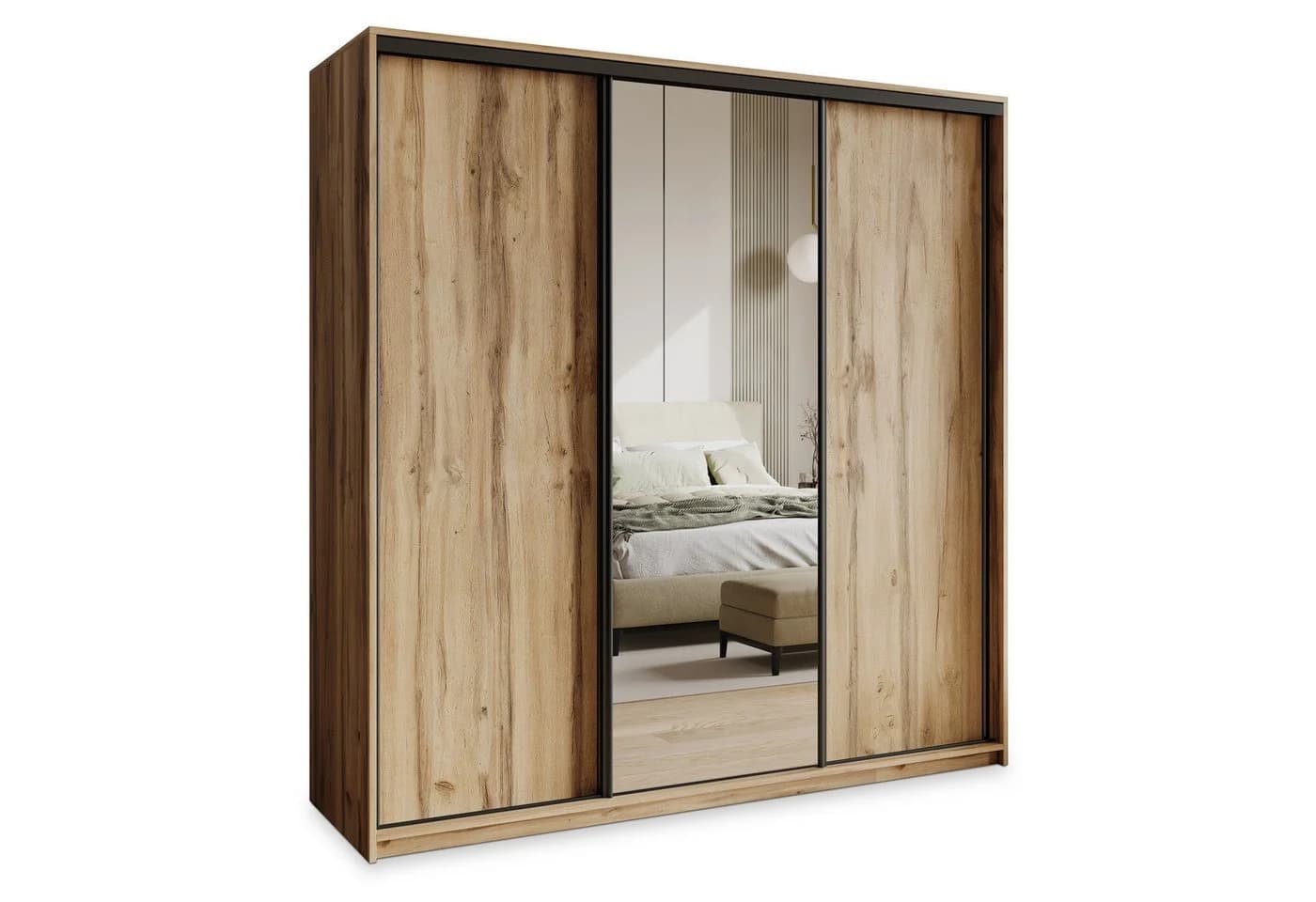 Masseno Schwebetürenschrank TAVI mit Spiegel und Schubladen Eiche Wotan - Bild 2