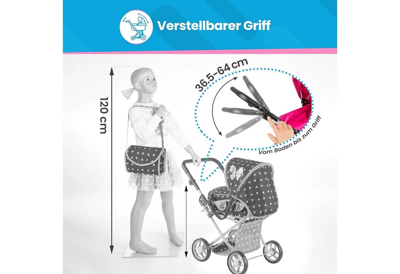 kinderplay Puppenwagen 3-in-1 höhenverstellbar & klappbar