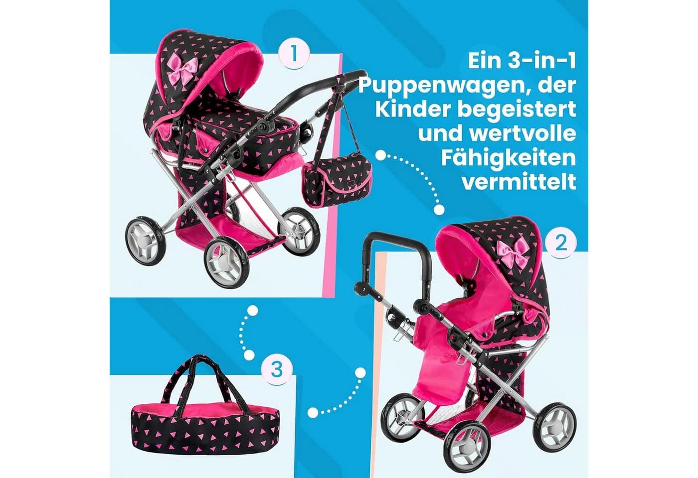 kinderplay Puppenwagen 3-in-1 höhenverstellbar & klappbar - Bild 3