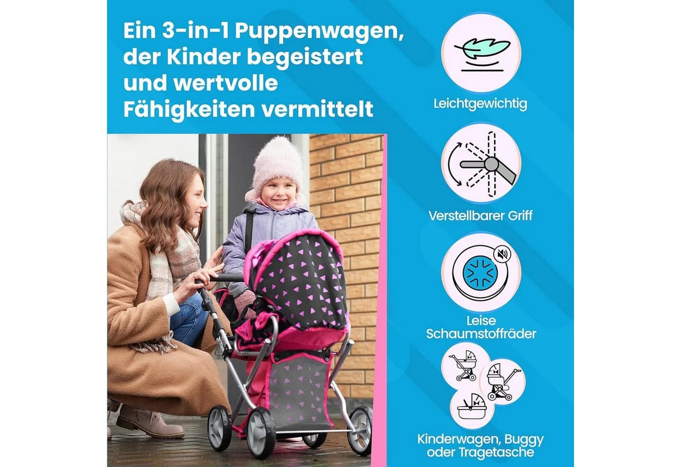 kinderplay Puppenwagen 3-in-1 höhenverstellbar & klappbar - Bild 4