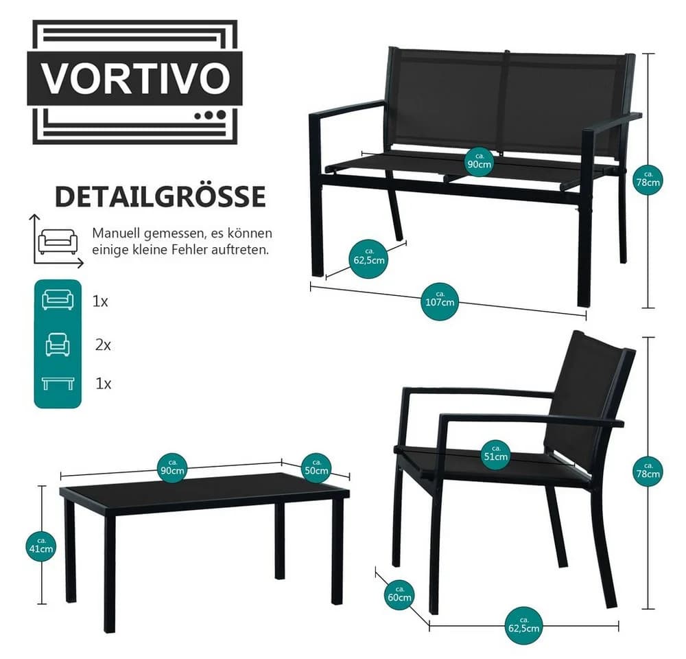 VORTIVO Gartenlounge-Set 4-tlg. Schwarz Aluminium mit Glastisch