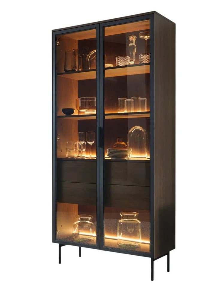 Compleo Glasvitrine 2 Schubladen 2 Türen LED Eiche Dunkel - Bild 2