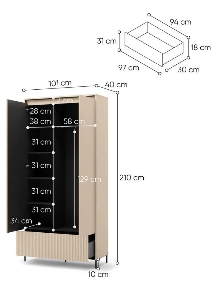 Compleo Kleiderschrank 2 Türen Beige Modern mit LED - Bild 4