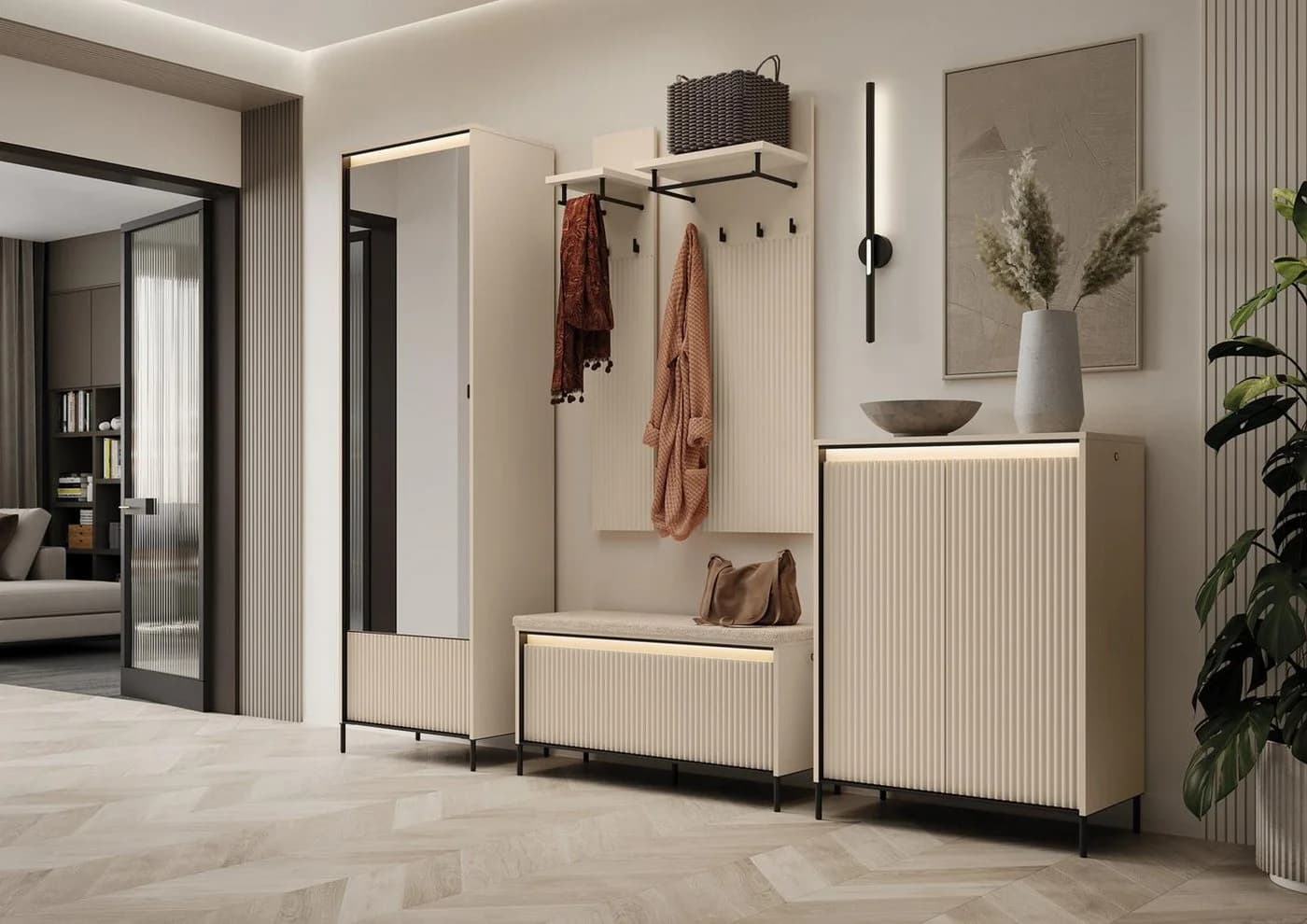Compleo Sitzbank FLORE Beige mit Ablagefach und LED-Leiste