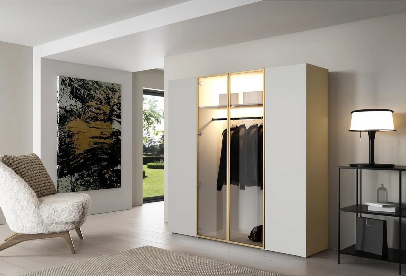 Compleo Kleiderschrank mit Glasfront und LED-Beleuchtung Beige