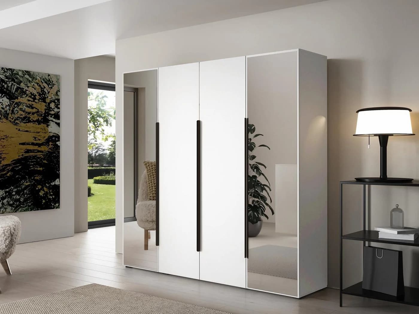 Compleo Kleiderschrank 4 Türen mit Spiegel Weiß
