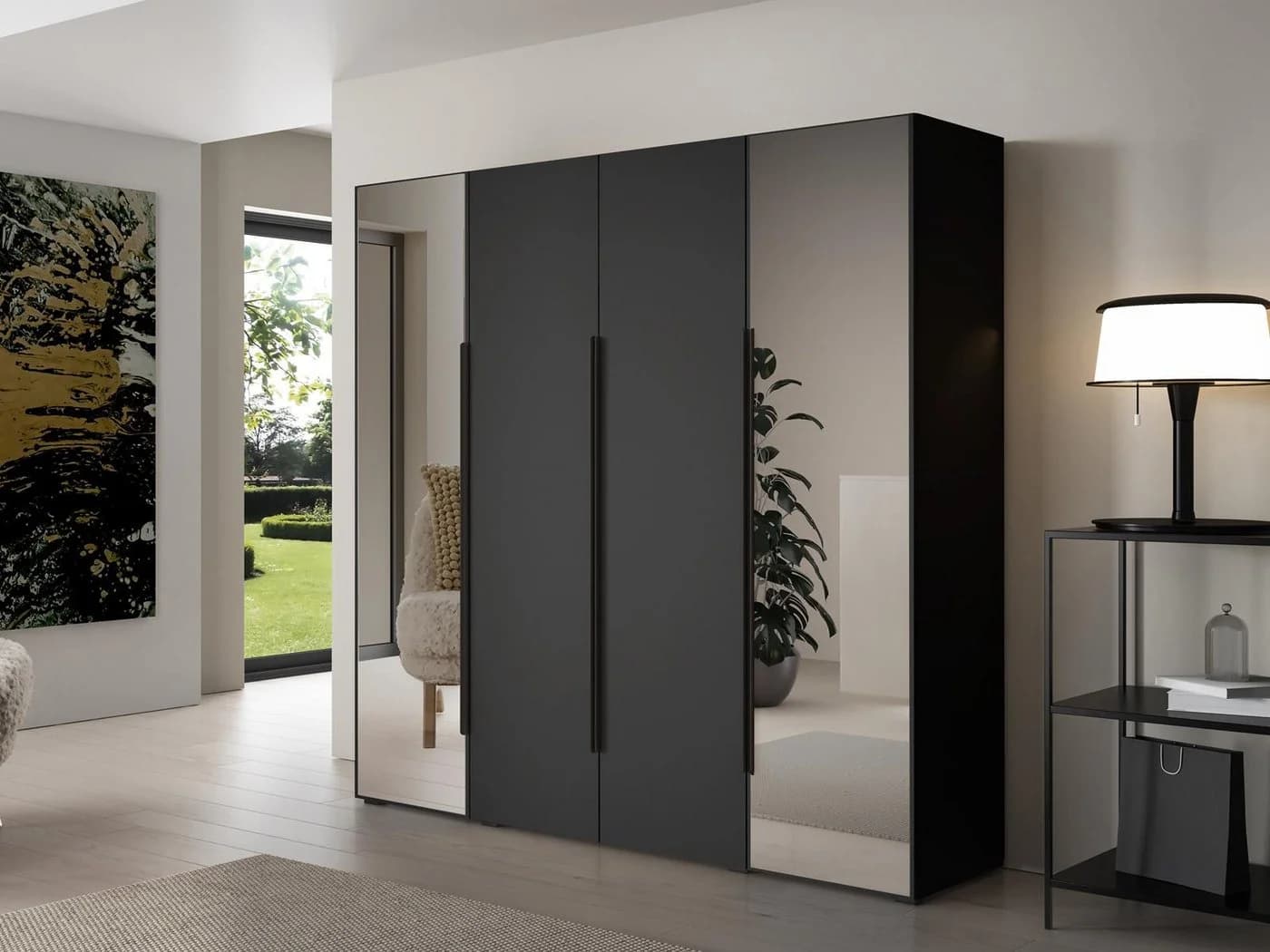 Compleo Kleiderschrank 4-tlg. Schwarz mit Spiegel und Glasfront
