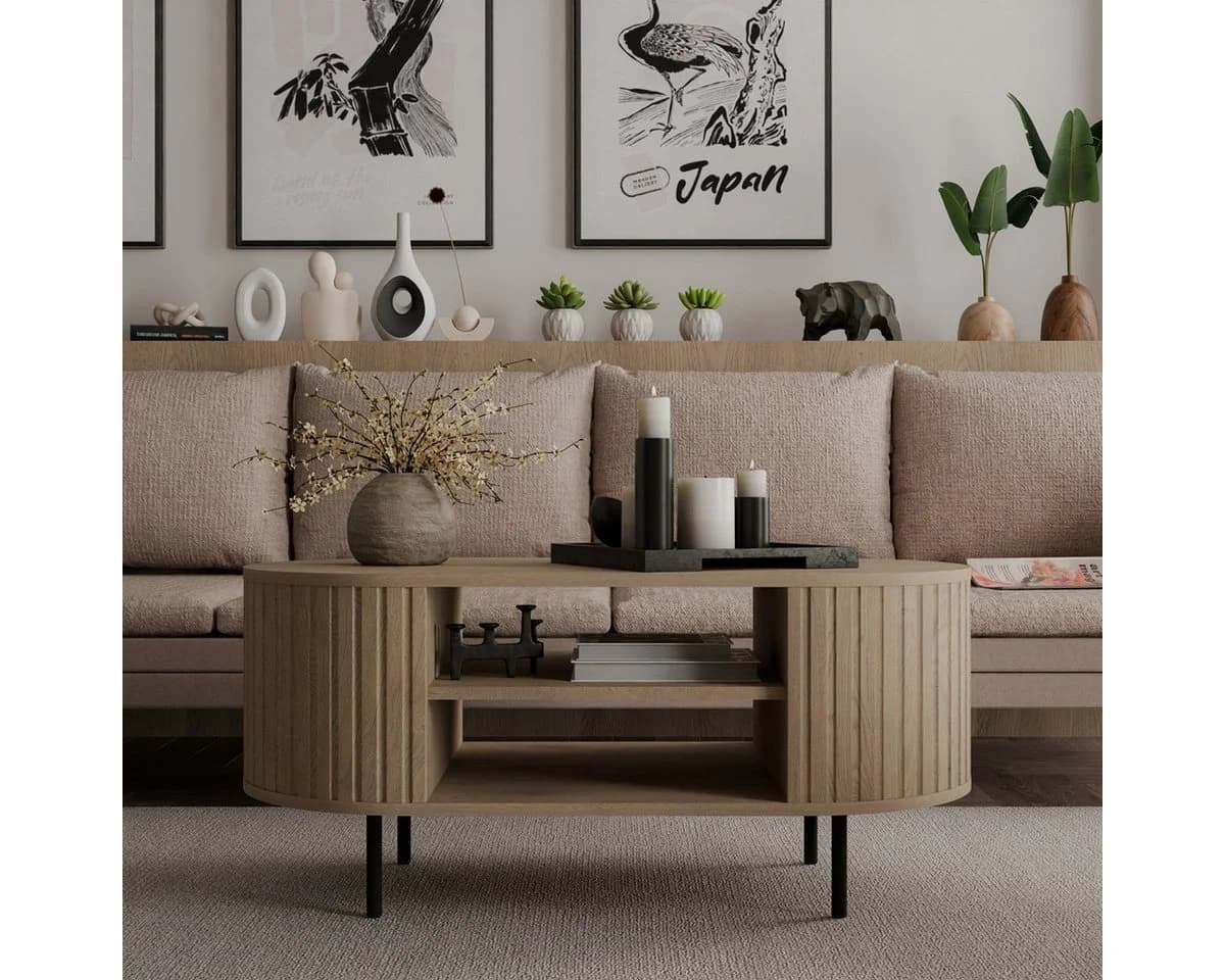 Compleo Couchtisch mit Regalen, OVI Eiche cremona oder Beige