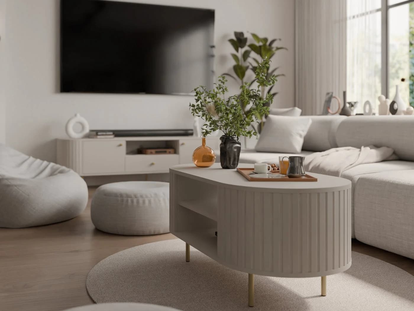 Compleo Couchtisch mit Regalen, OVI Eiche cremona oder Beige, Soft-Close-Mechanismus