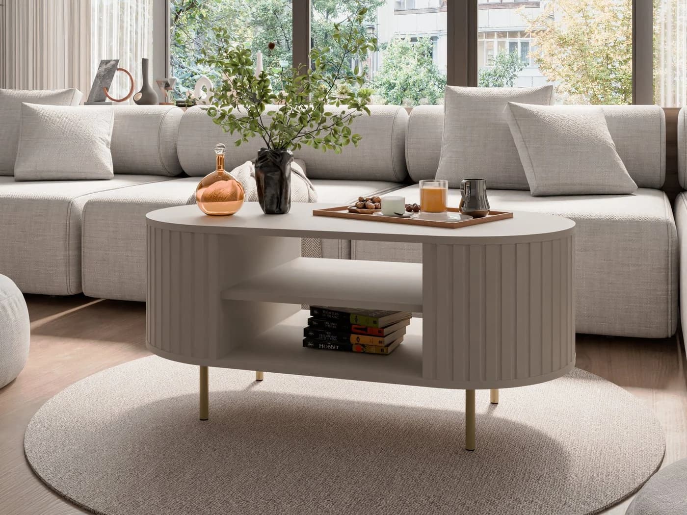 Compleo Couchtisch mit Regalen, OVI Eiche cremona oder Beige, Soft-Close-Mechanismus - Bild 3