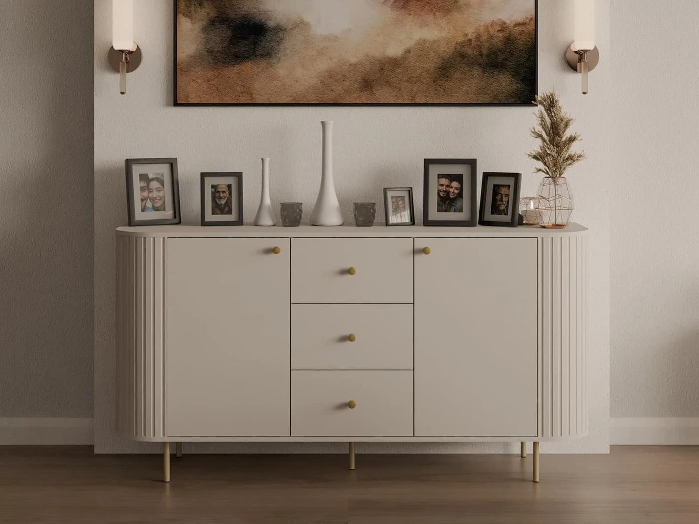 Compleo Kommode Eiche Crema oder Beige, drei Schubladen und zwei Türen