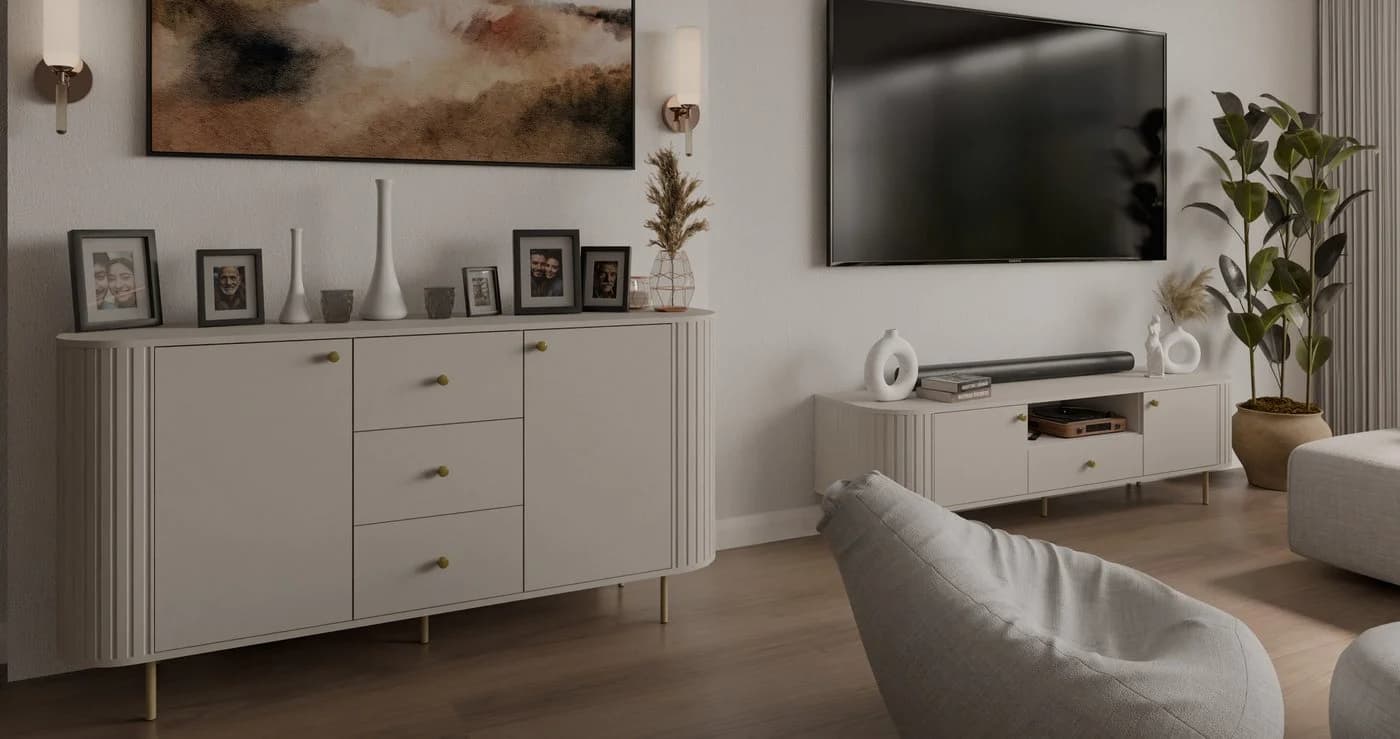 Compleo Kommode Eiche Crema oder Beige, drei Schubladen und zwei Türen - Bild 4