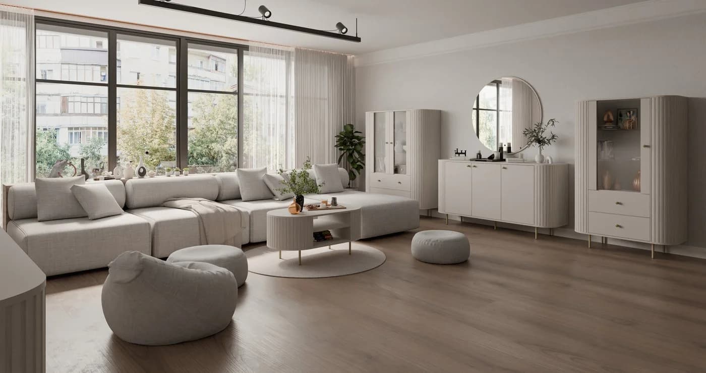 Compleo Kommode Eiche Crema oder Beige, drei Schubladen und zwei Türen - Bild 5