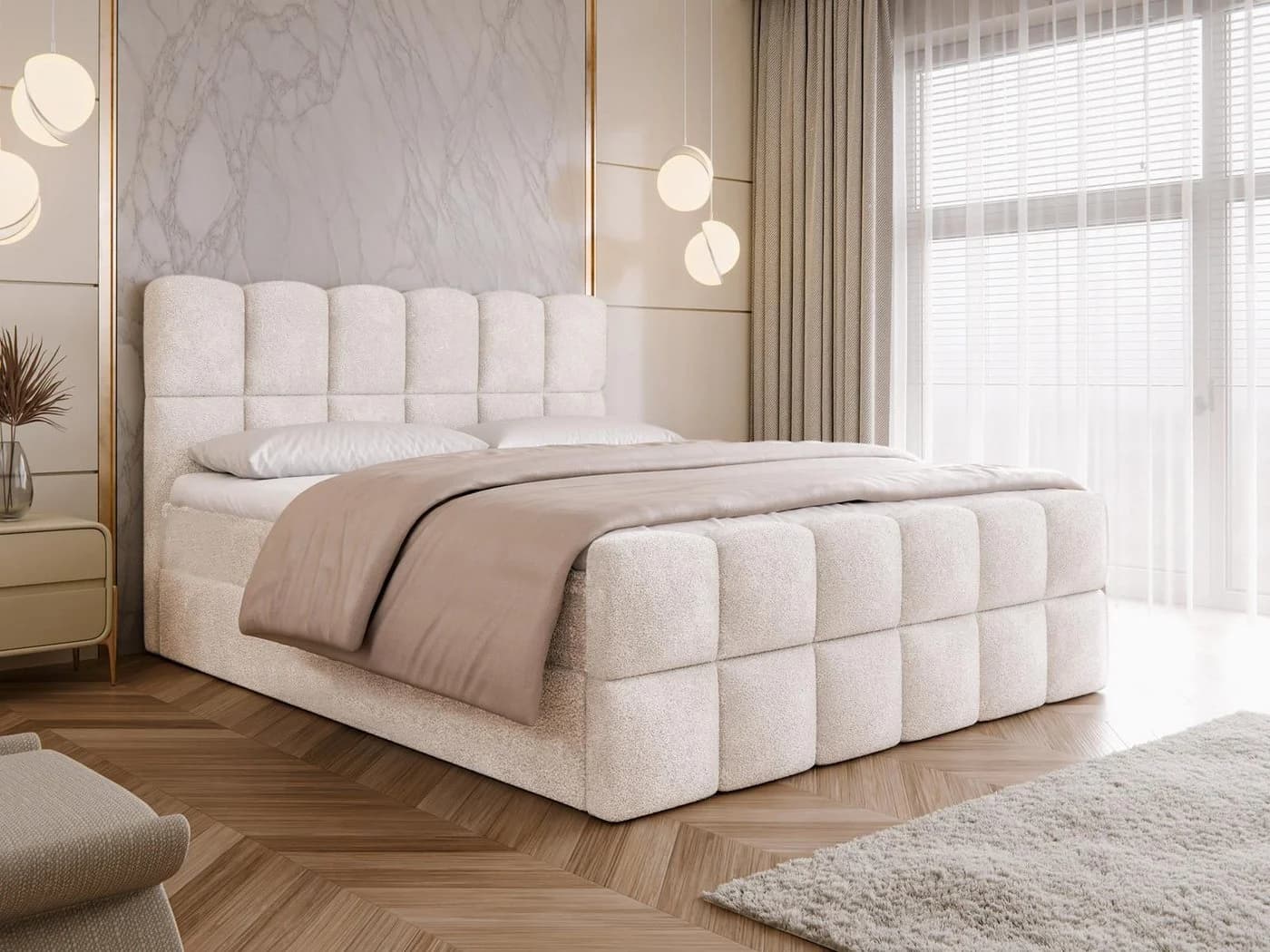 Compleo Boxspringbett Wolkenbett mit Bettkästen Bouclé Weiß