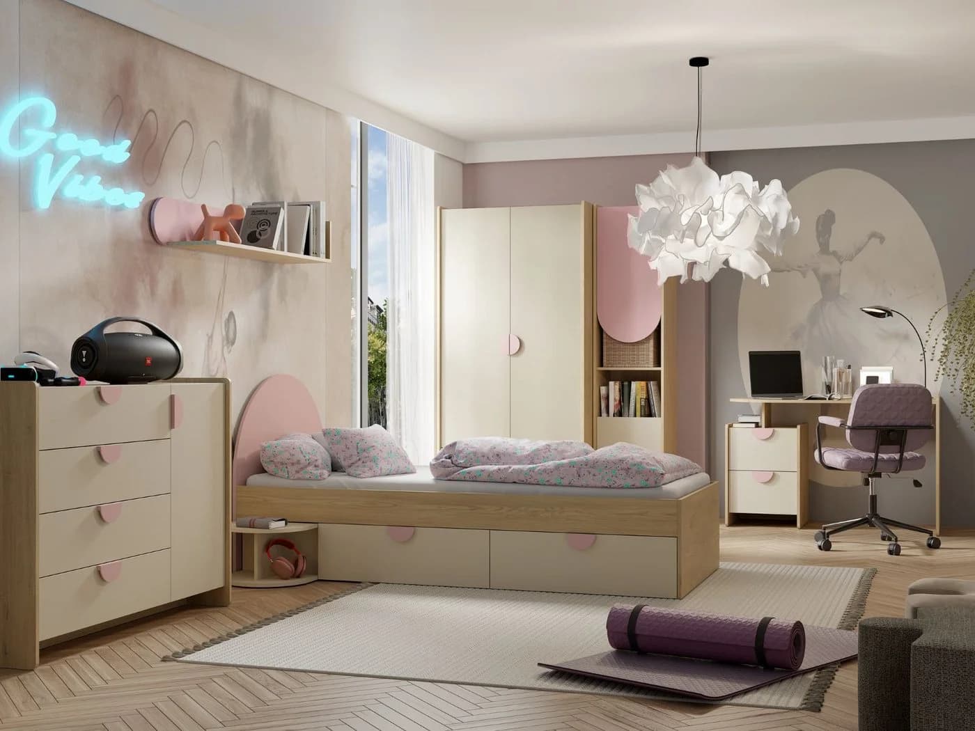 Compleo Kinderkommode Rosa 4 Schubladen 1 Tür Modern