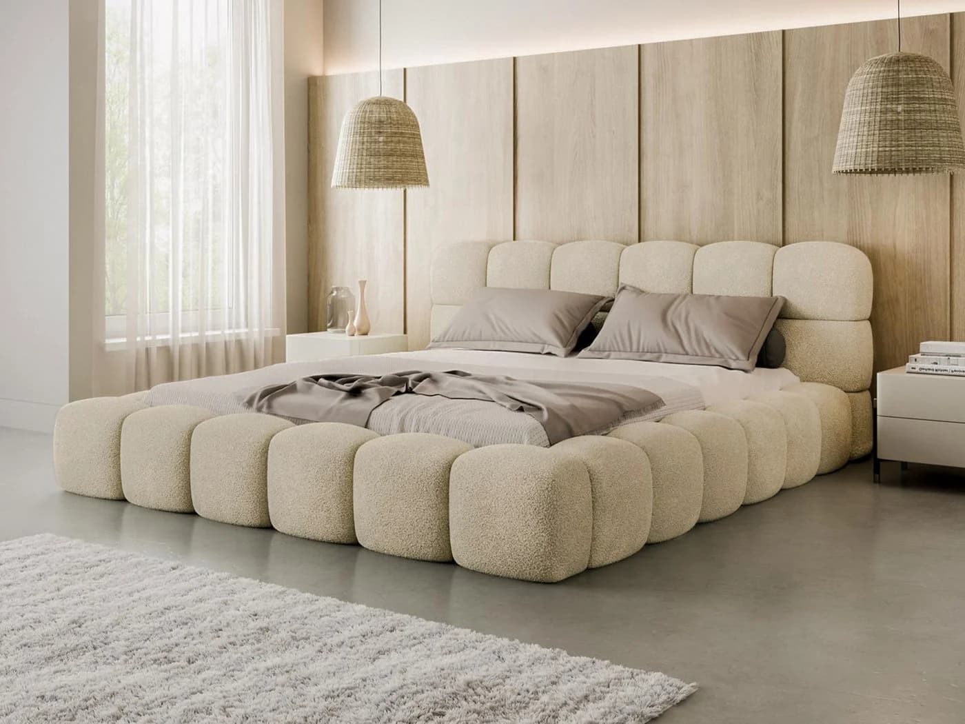 Compleo Polsterbett BUBBLE Beige Bouclé Stauraumbett