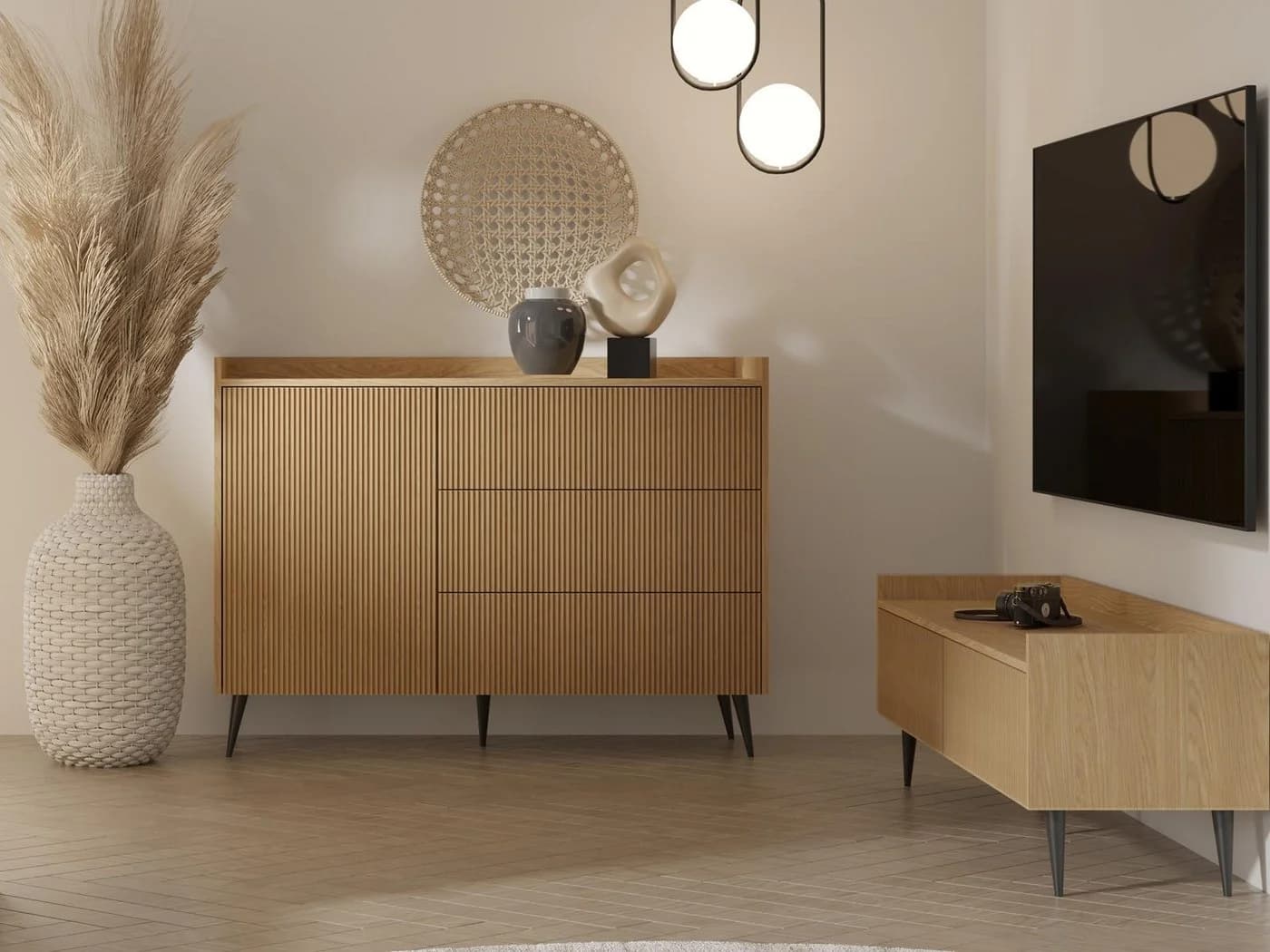 Compleo Schubkastenkommode 3 Schubladen Japandi Beige Schwarz