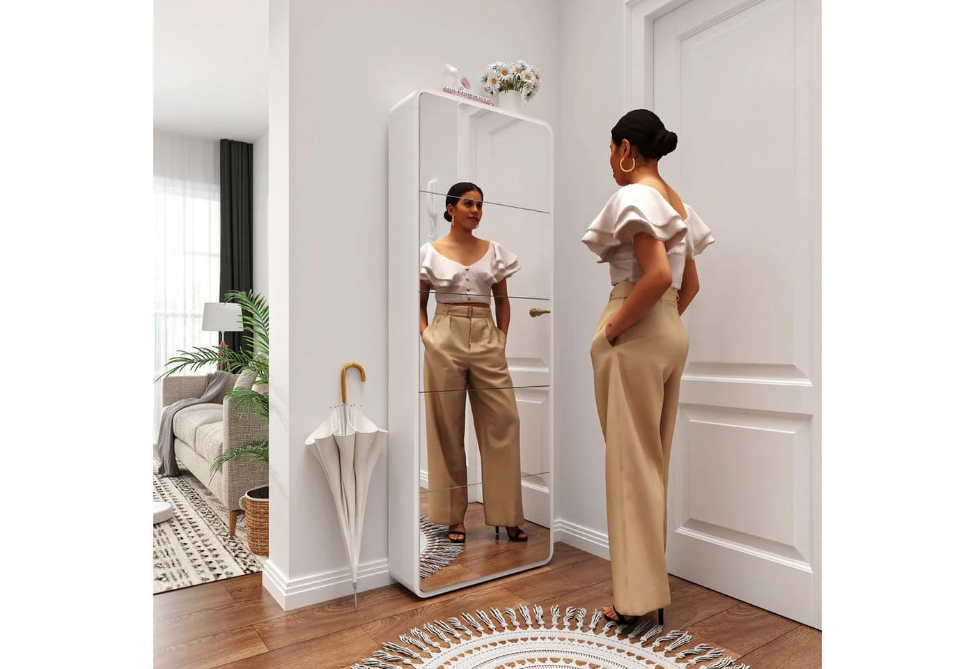 Rutaqian Schuhschrank mit Spiegel und 5 Klappschubladen Weiß - Bild 3