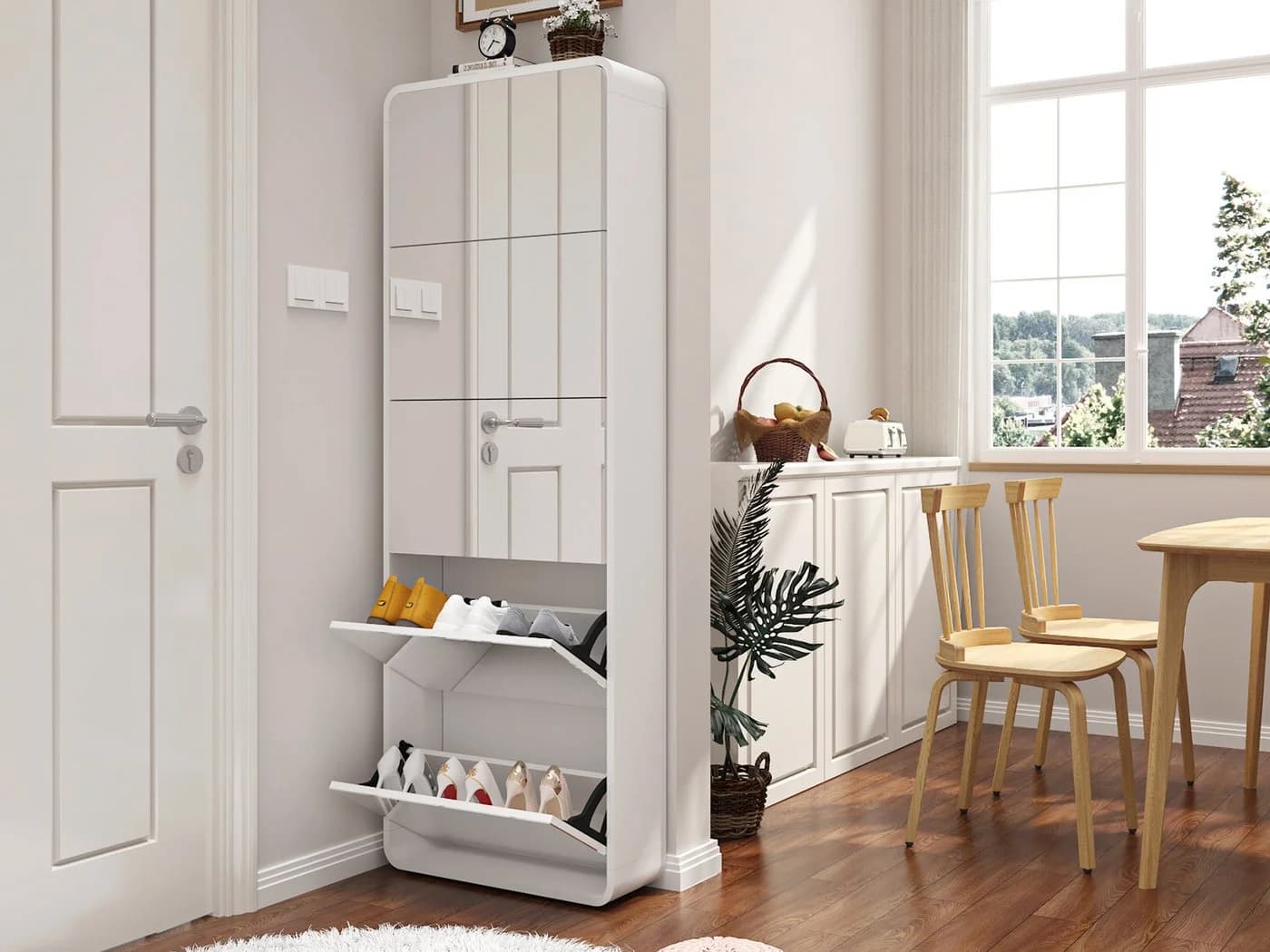Rutaqian Schuhschrank mit Spiegel und 5 Klappschubladen Weiß - Bild 5