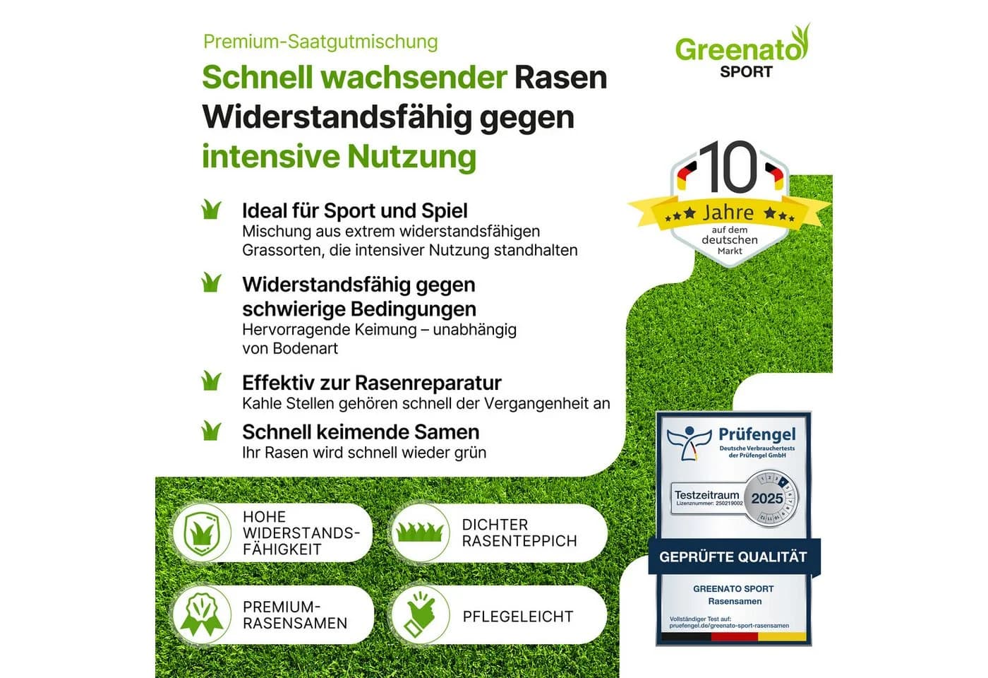 Greenato Rasensamen Sport & Spiel 30kg - Robuster Schnellkeimer