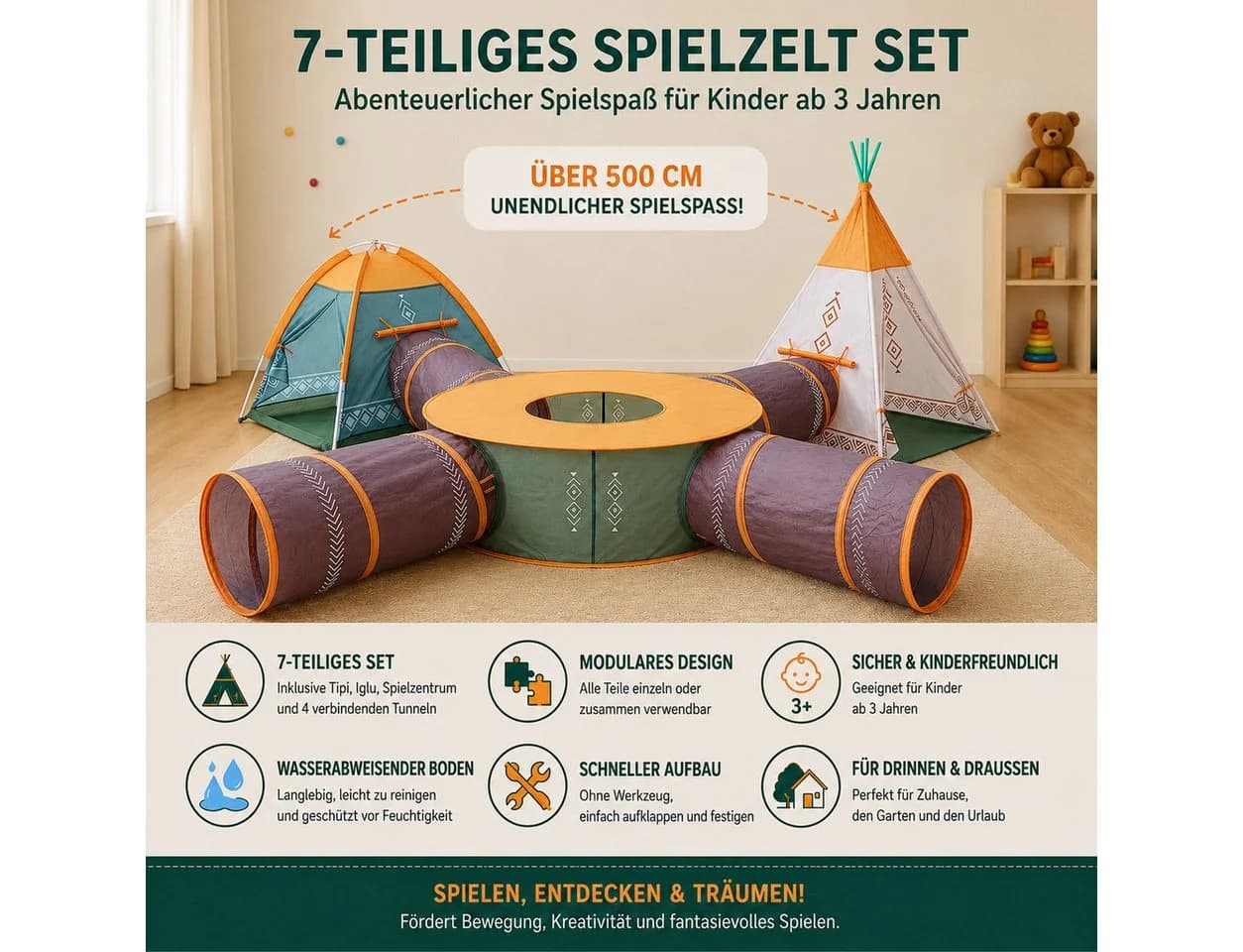 COIL Spielzelt 7-tlg. Bunt Krabbeltunnel Tipi Spielhaus
