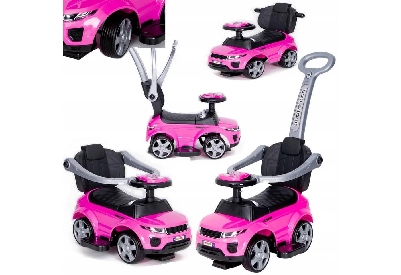 COIL Rutscherauto Babyrutscher 3in1 Rosa-Schwarz mit Druckgriff