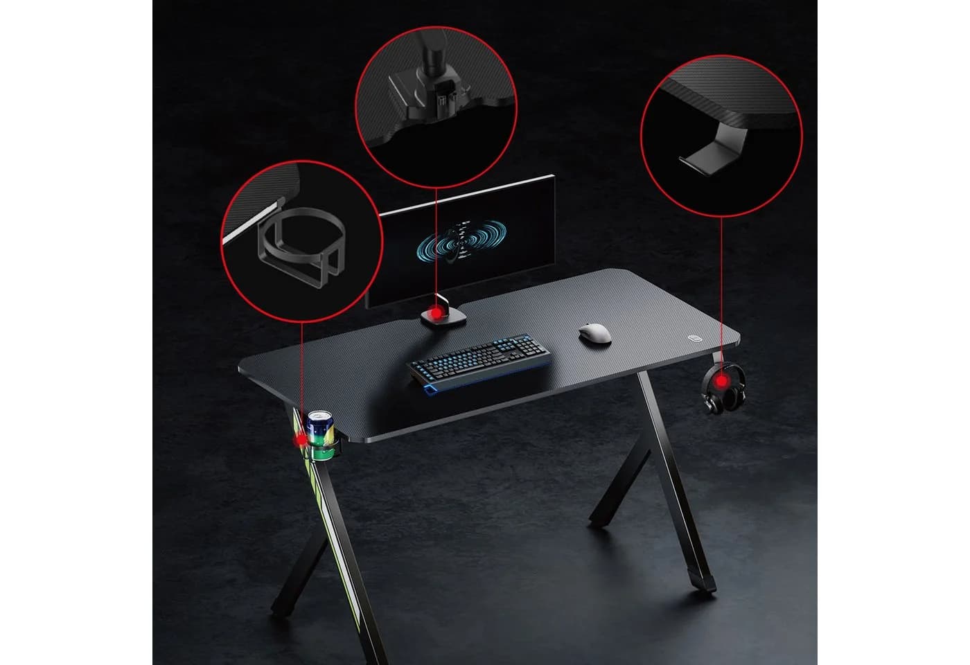 NanoRS Gamingtisch RS101 Schwarz mit Kopfhörer- und Becherhalter - Bild 3