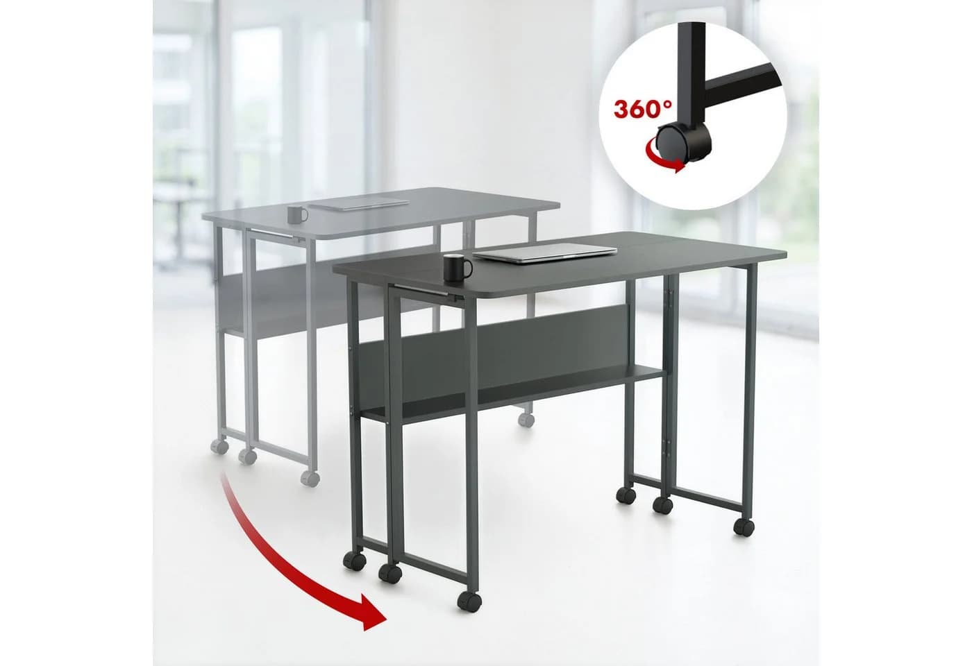 Maclean Klappbarer Schreibtisch MC-126 Schwarz mit Regal und Rollen - Bild 4