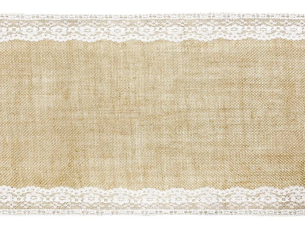 partydeco Tischläufer Jute mit Spitze 28cm x 2.75m Rolle natur braun / weiß