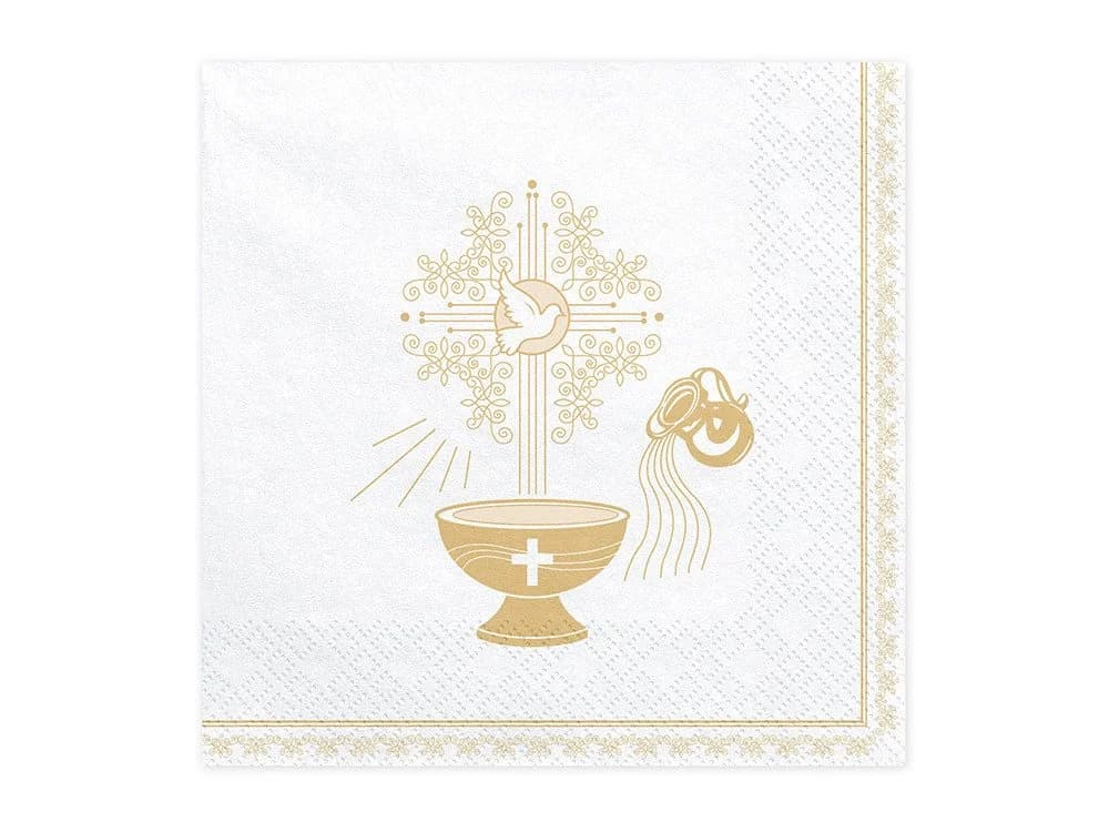 partydeco Papierserviette 33x33cm Weiß/Gold mit Kelch und Kreuz Motiv 20 Stk.