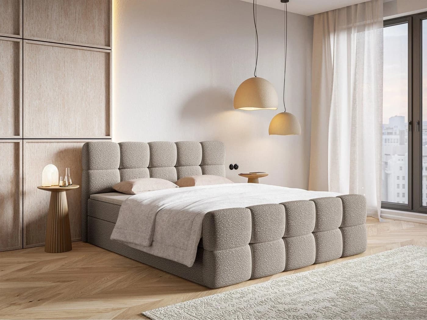 Selsey Boxbett CLOUDY mit Matratze, Topper, Bettkasten und Bouclé-Bezug in Grau