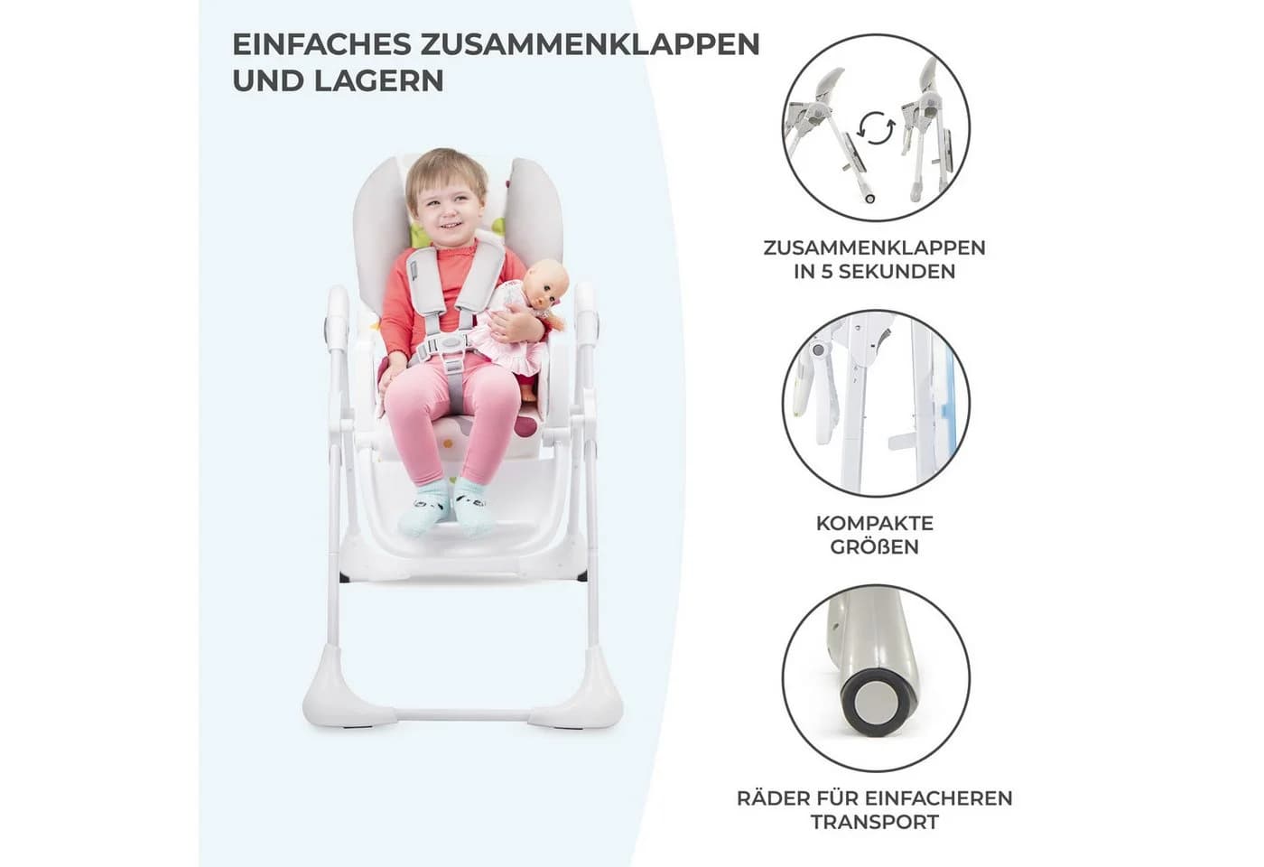 KINDERKRAFT Hochstuhl YUMMY Grau - Zusammenklappbar mit 7-fach Höhenverstellung