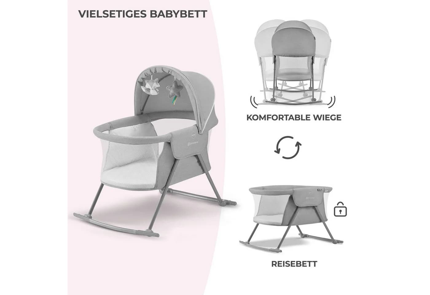 Kinderkraft LOVI Baby-Reisebett Grau 3-in-1 Wiege mit Insektenschutz - Bild 4