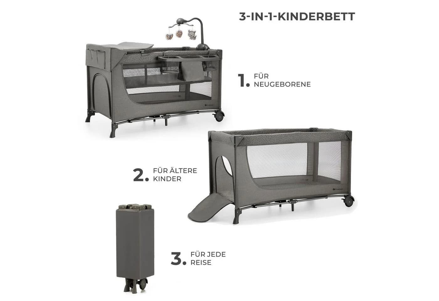 KINDERKRAFT JOY 2 Baby-Reisebett Grau mit Zubehör